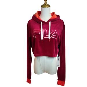 FILA Cropped Velour Hoodie in Deep Red and Vibrant Orange NWT Size Med.